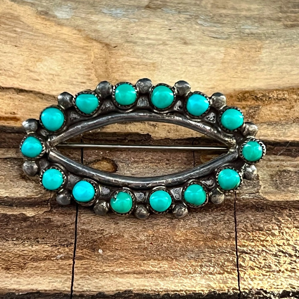 Native American Sterling Silver Turquoise Petit Point Brooch
